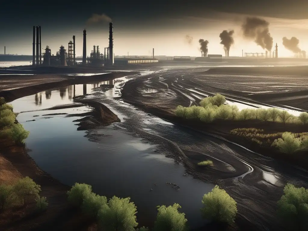 Impactos ambientales de la petroquímica: río contaminado rodeado de plantas petroquímicas, reflejando el devastador impacto en el medio ambiente