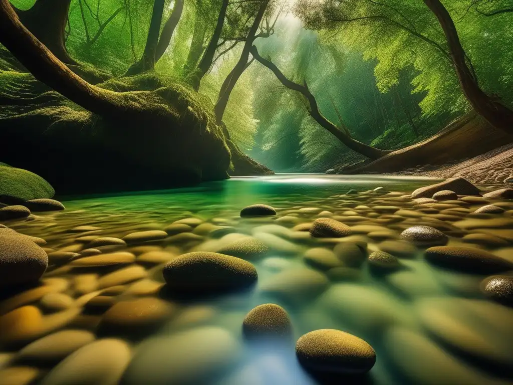 Río cristalino en un bosque verde con vida acuática y belleza frágil