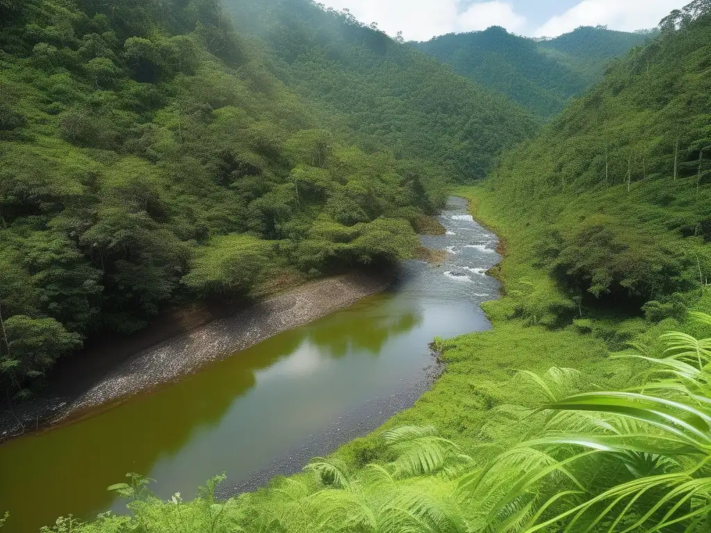 Impacto del oro en la industria moderna: bosque verde con río contaminado, minería y prácticas sostenibles