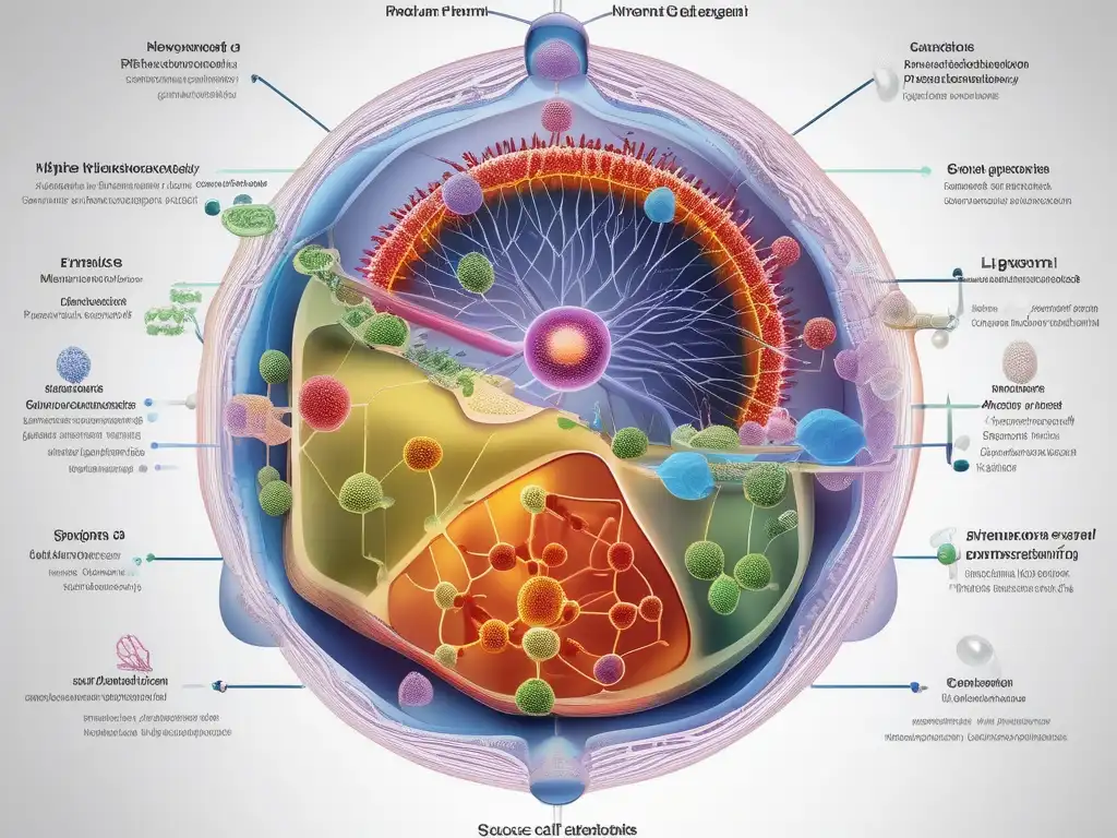 Rutas metabólicas y enfermedades modernas: célula humana con redes de procesos de gluconeogénesis y lipogénesis, detalle y colores vibrantes