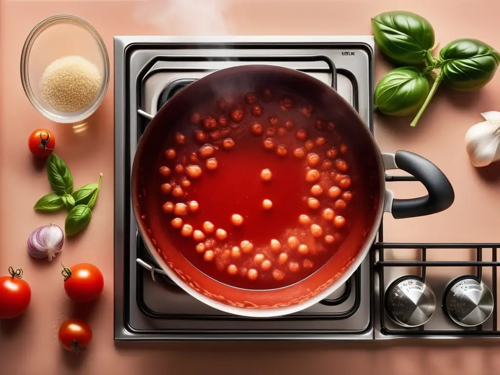 Cocinar con reacciones químicas: Detalle fotorealista de una salsa de tomate burbujeante en la estufa, con aroma a albahaca y ajo