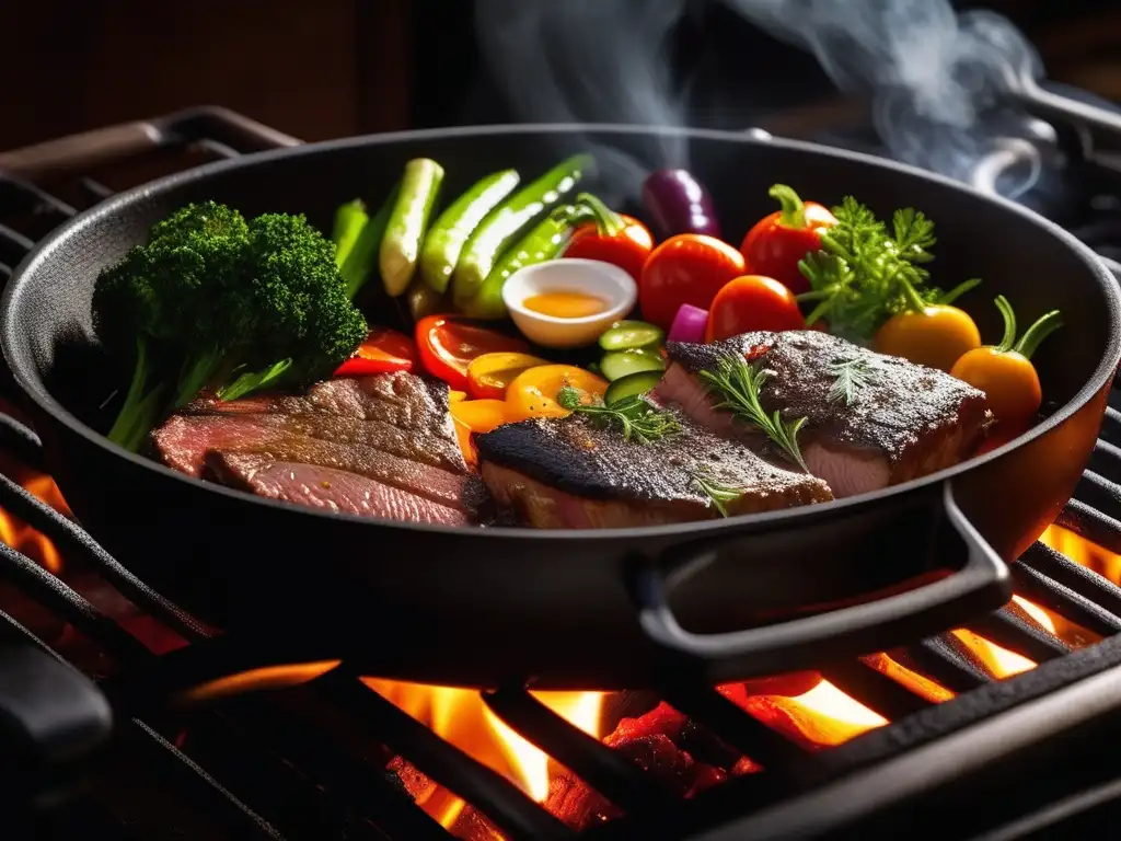 Descubrimientos químicos en gastronomía: Pan sizzling con ingredientes vibrantes, carne caramelizada, vegetales emitiendo vapor y hierbas aromáticas