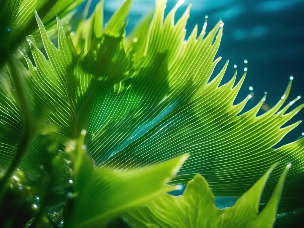 Detalle macro de planta marina verde flotante, fuente natural de yodo para salud