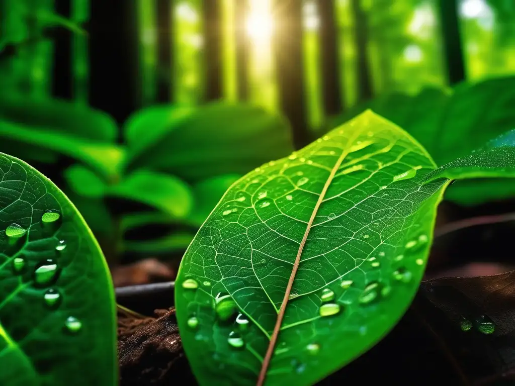 Transformación Química Ambiental Energías Alternativas en un bosque verde exuberante, con luz solar filtrándose entre los árboles y creando patrones intrincados en el suelo