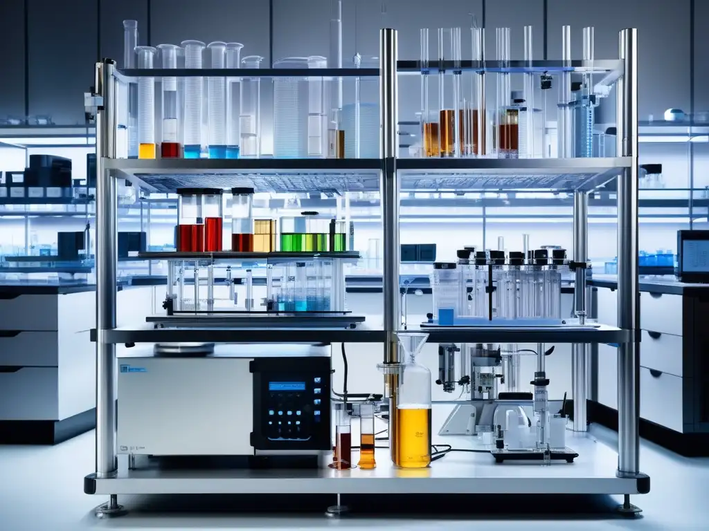 Técnicas de separación química avanzadas en una imagen detallada de un laboratorio con equipos sofisticados y coloridas soluciones químicas