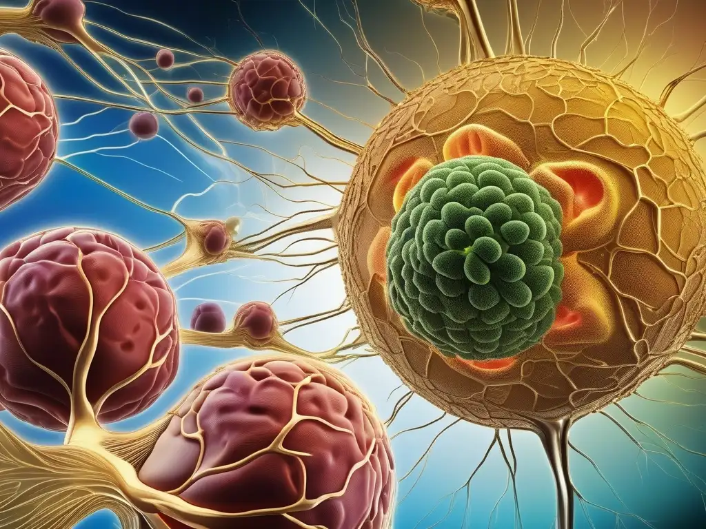 Riesgos disruptores endocrinos en química: imagen detallada sistema endocrino con redes de glándulas y órganos, colores vivos y símbolos sutiles