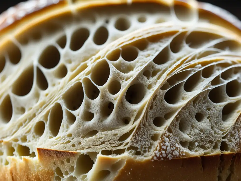 Fermentación pan: proceso químico, textura aireada, corteza dorada y burbujas destacadas