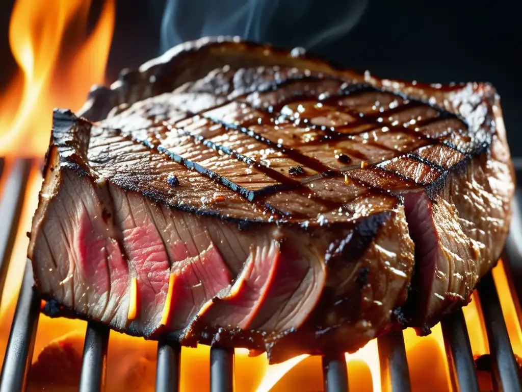 Descubrimientos químicos en gastronomía: Sizzling steak on hot grill, Maillard reaction, caramelized crust