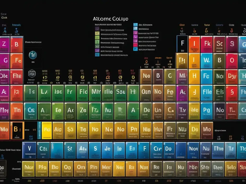 Alta importancia: tabla periódica detallada, patrones y colores de elementos, símbolos, números atómicos y pesos, grupos vibrantes
