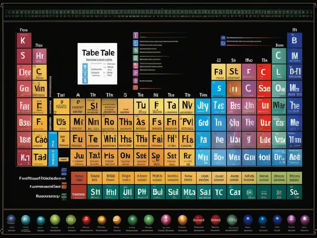 Importancia histórica de la Tabla Periódica: representación fotorealista con elementos detallados y etiquetados