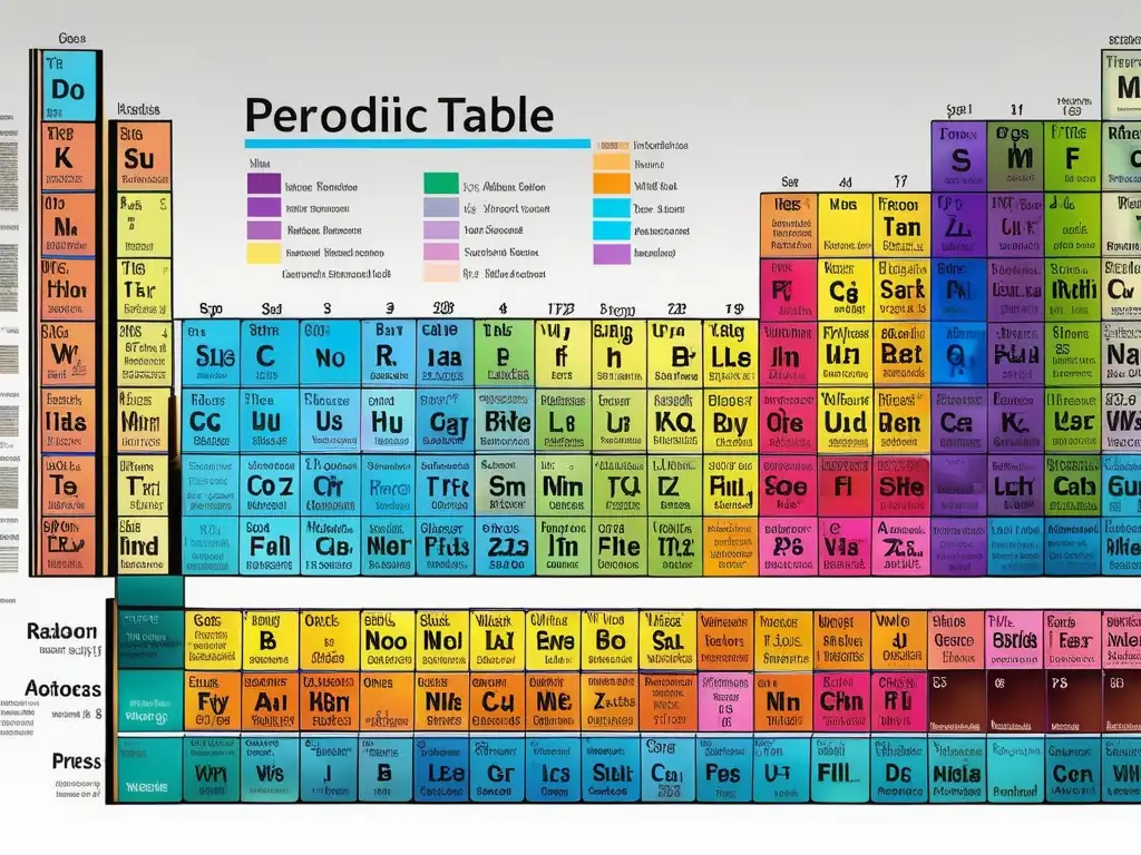 Impacto histórico de la tabla periódica, imagen fotorealista con detalles y colores vibrantes que muestran las características únicas de cada elemento