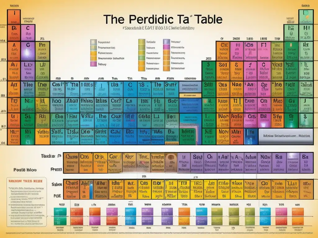 Guía completa para principiantes en química y petroquímica - Tabla periódica detallada con colores vibrantes y estructuras atómicas