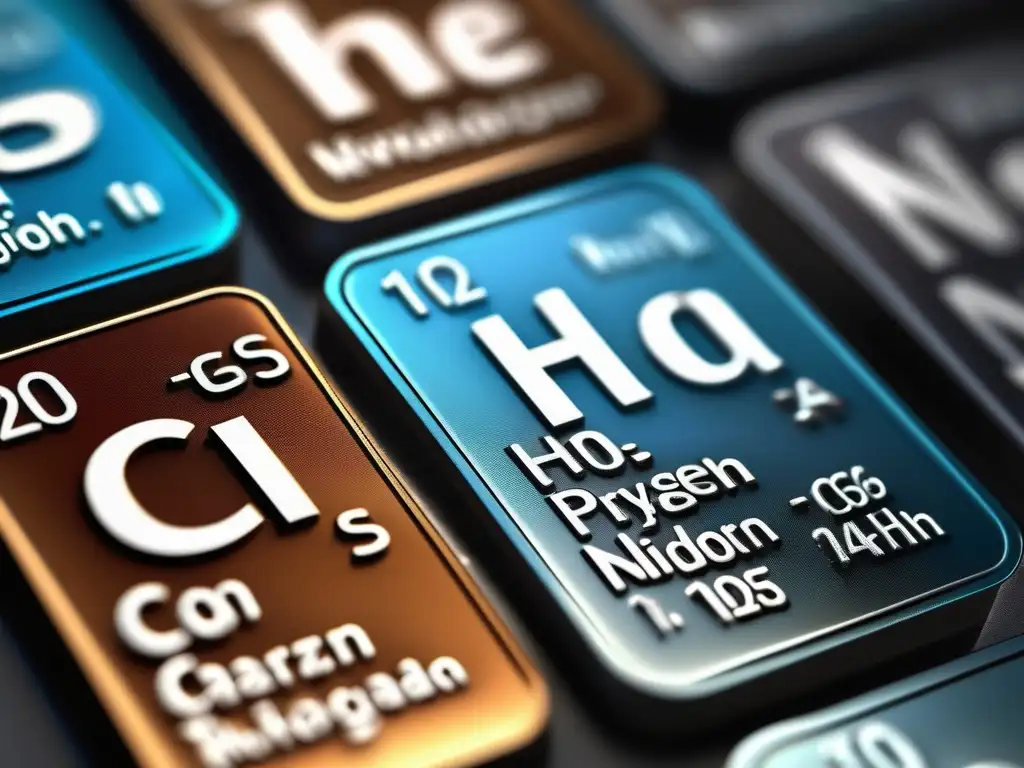 Importancia histórica de la Tabla Periódica: imagen detallada y cautivadora de elementos con colores, texturas y brillo metálico únicos