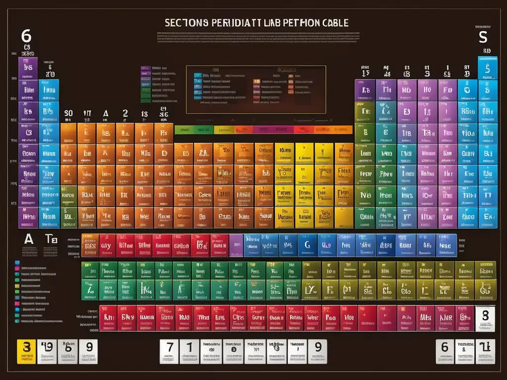 Tabla periódica detallada con periodos, grupos y elementos; predicción de nuevos elementos químicos