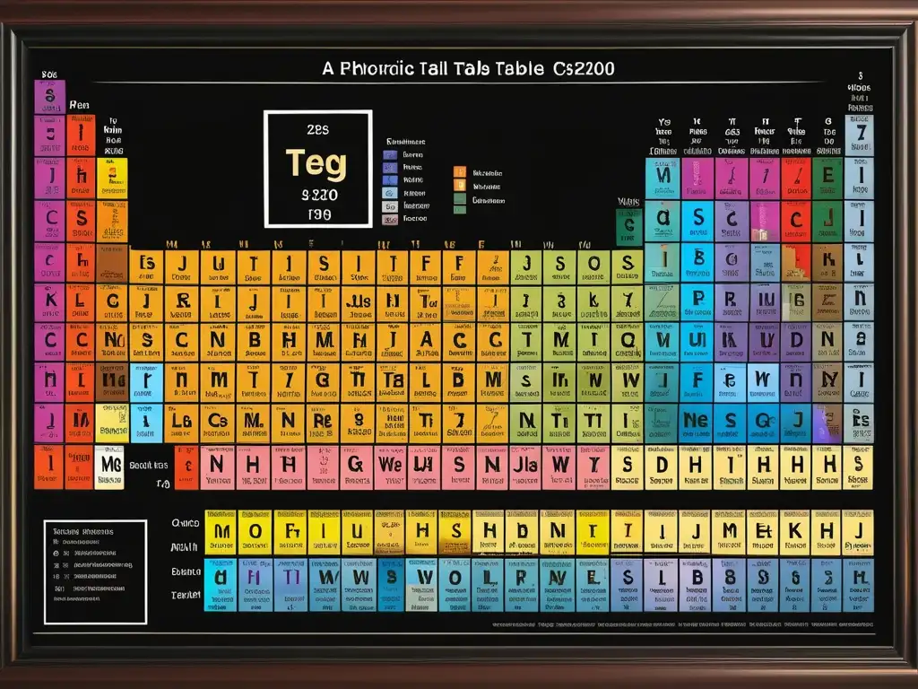 Importancia de la Tabla Periódica en Química: imagen detallada y realista de la tabla, con símbolos, números y pesos atómicos de cada elemento