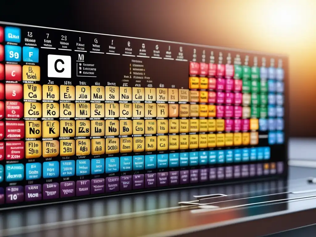 Tabla Periódica simplificada para principiantes: Imagen ultradetallada de una sección de la tabla periódica con elementos representativos, sus símbolos y números atómicos visibles