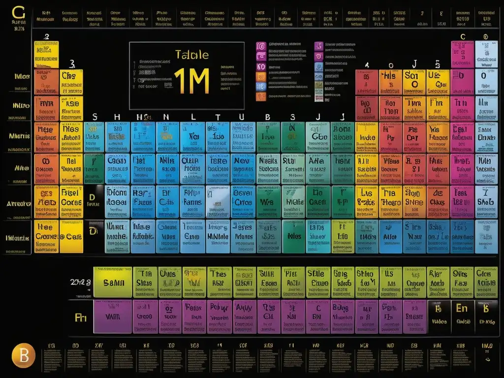 Importancia tabla periódica: detallada imagen elementos usados en producción de materiales y metales, con colores vibrantes y precisión científica