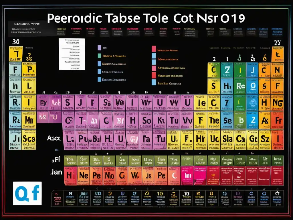 Diseño de la Tabla Periódica: Análisis Profundo - Elementos detallados, colores vibrantes, patrones e texturas notables