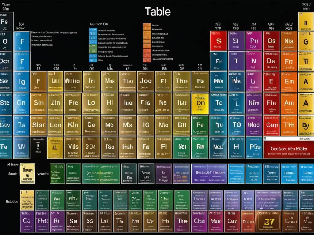 Importancia tabla periódica: Detalle increíble de la tabla periódica en un fondo negro, resaltando colores vibrantes y nitidez