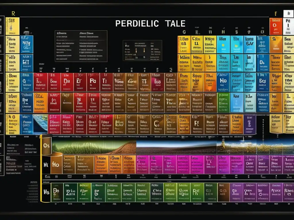 Impacto histórico tabla periódica: imagen detallada con elementos, colores vibrantes, enfoque preciso