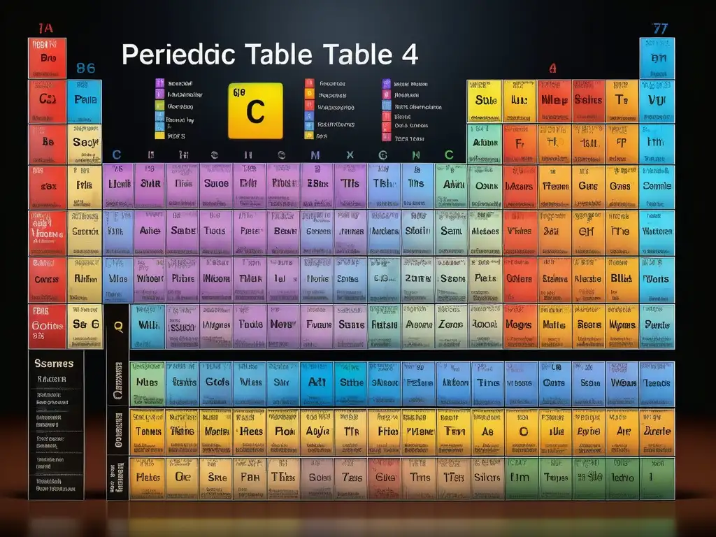 Descubrimientos recientes en la tabla periódica: Detalle macro de la tabla con elementos etiquetados, colores y texturas cautivadoras