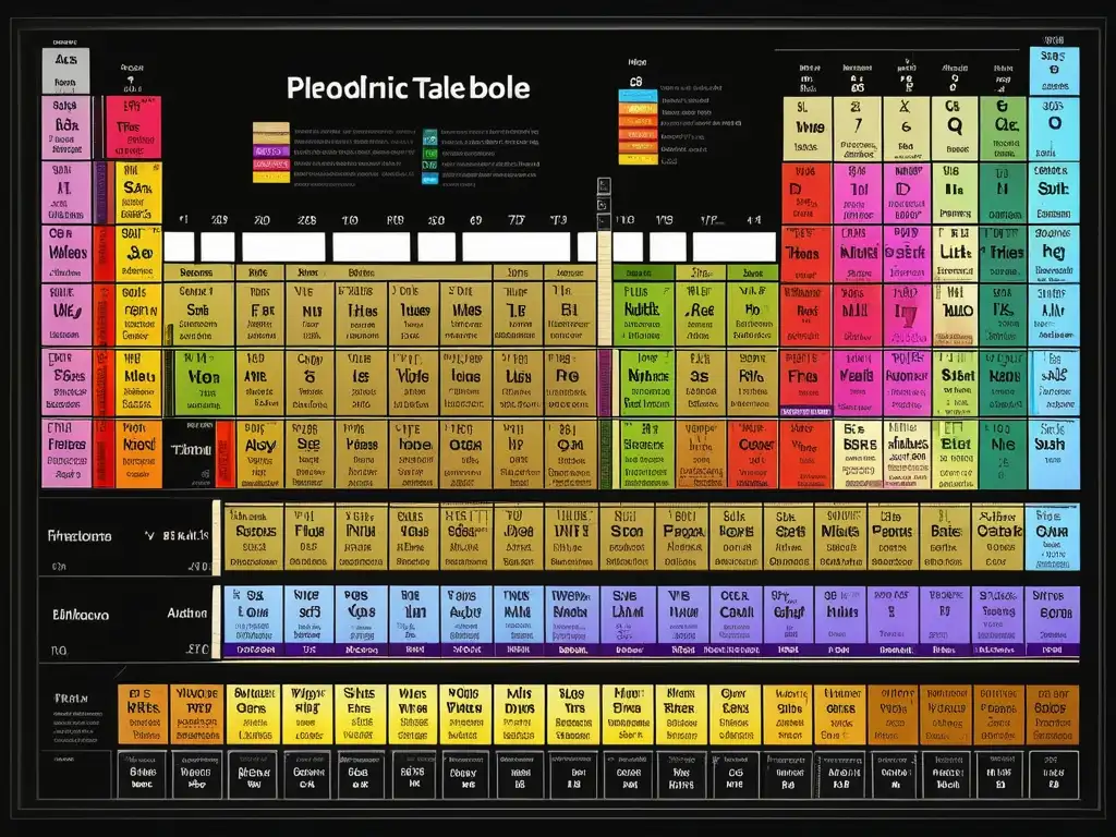 Detalles de la tabla periódica con colores vibrantes y texto legible