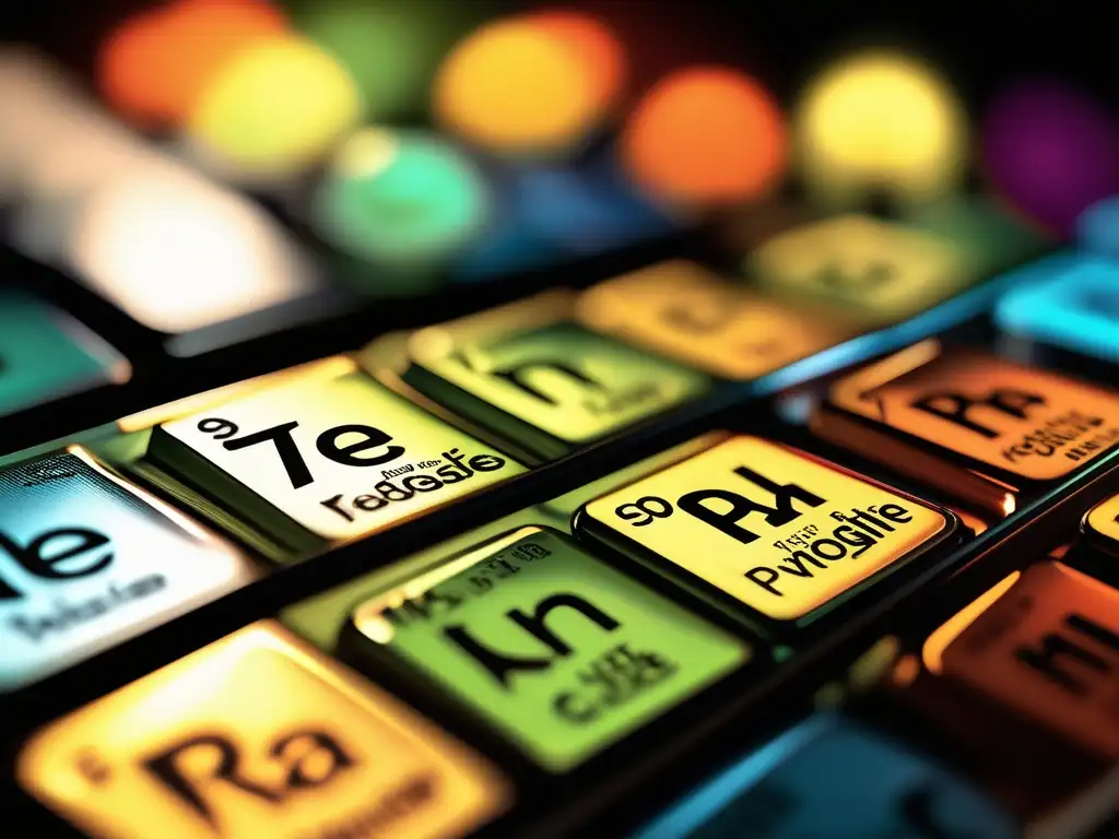 Importancia Tabla Periódica en Química: Detallada representación fotorealista de elementos interconectados, resaltando propiedades únicas