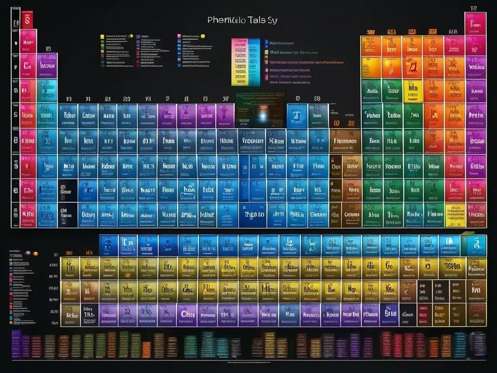 Impacto histórico de la tabla periódica, imagen macro realista detallada que muestra los elementos en colores y símbolos distintos, resaltando su composición y características únicas