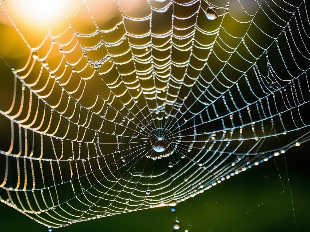 Descubrimiento éter en física: Telaraña delicada con gotas de rocío, reflejando luz y colores