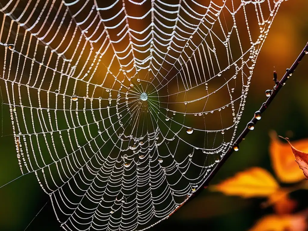 Telaraña cubierta de rocío y hojas otoñales, revela detalles de diseño natural y química atmosférica en estaciones año