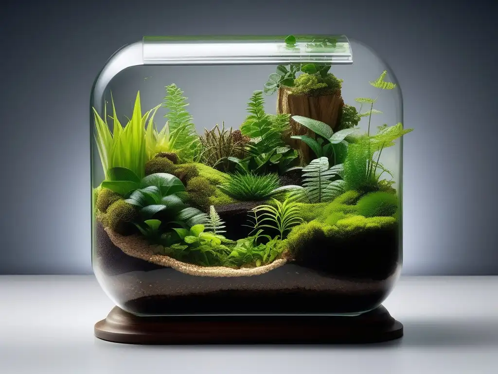 Terrario con plantas verdes en un ecosistema detallado (Terrario casero ciclo agua fotosíntesis)