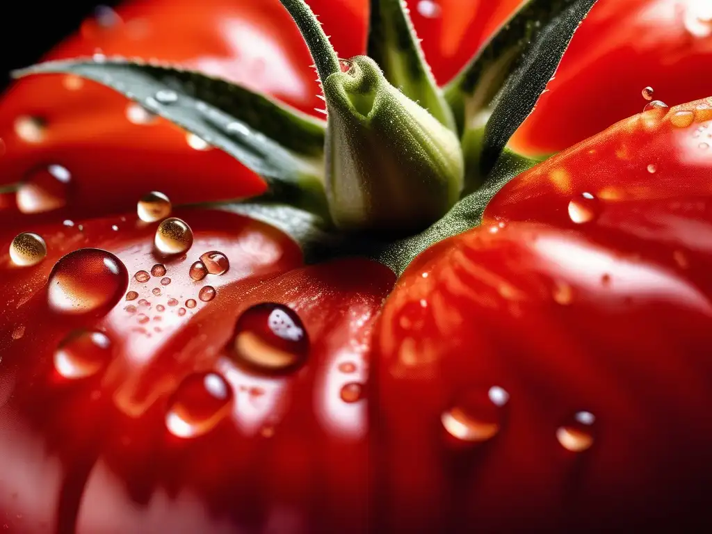 Transformación química de materias primas culinarias: Tomate rojo jugoso y fresco, cortado en dos mitades, con gotas de agua y detalles internos