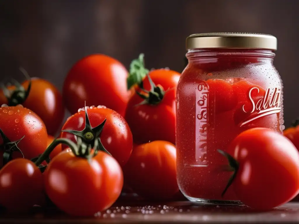 Conservación de alimentos: Tomates rojos preservados en frascos con sal, resaltando su frescura y belleza