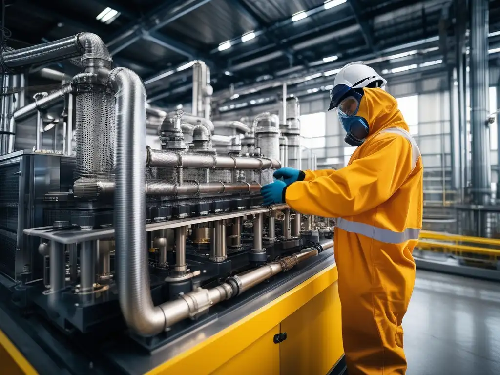 Trabajador en planta petroquímica con nanomateriales y maquinaria avanzada