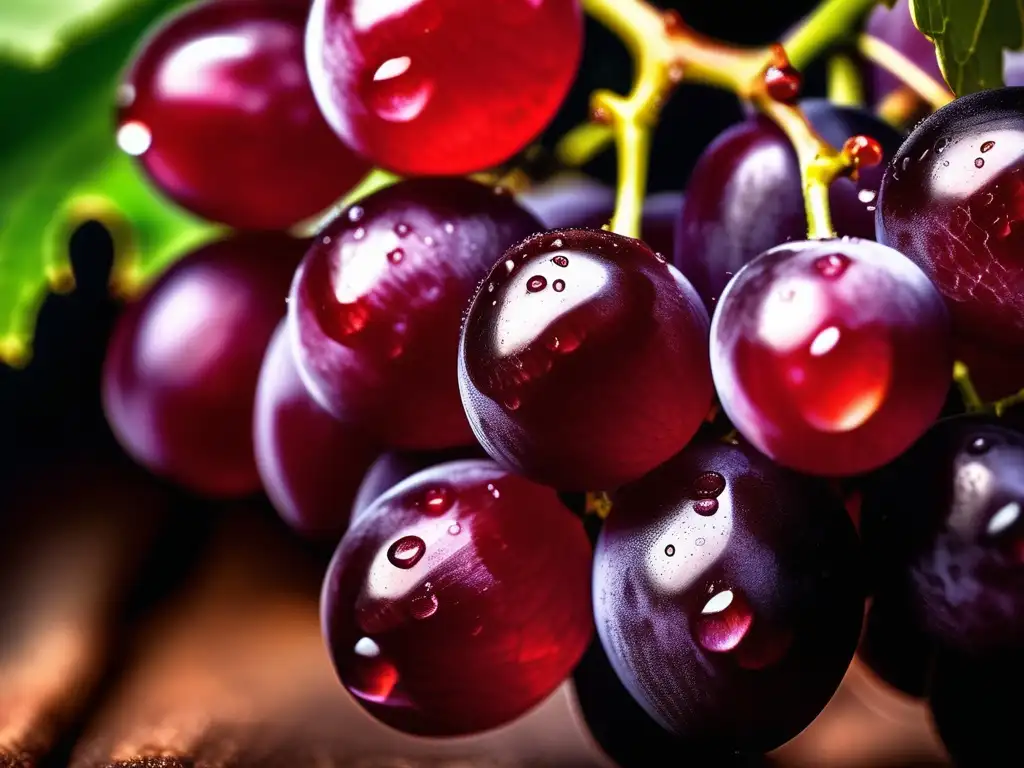 Beneficios de la química en la elaboración del vino: uvas rojas brillantes en primer plano, resaltando su textura y tonos rojos