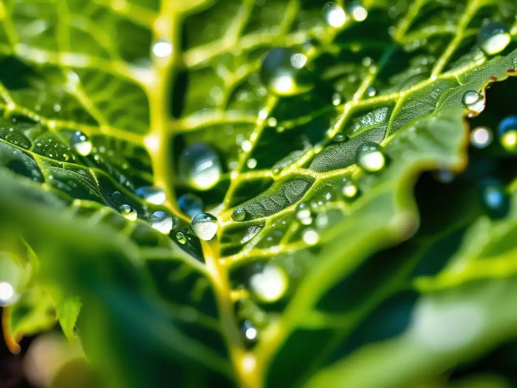 Hoja verde con gotas de agua, belleza natural y sostenibilidad en producción de alimentos