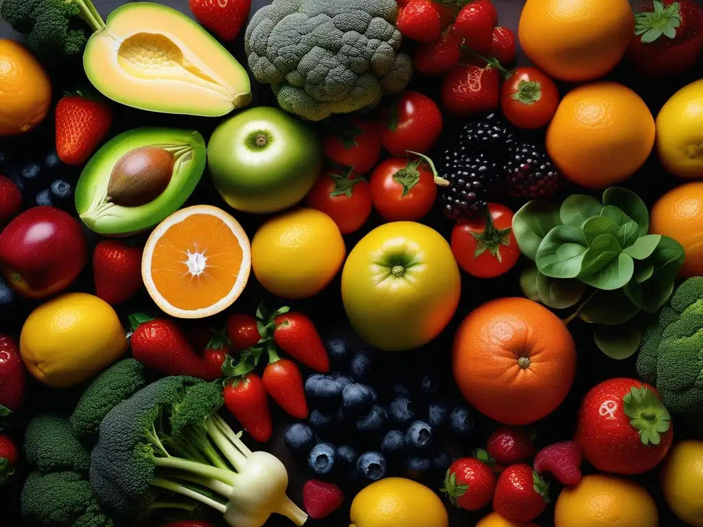 Imagen de frutas y verduras con vitaminas - Química vitaminas suplementos nutricionales